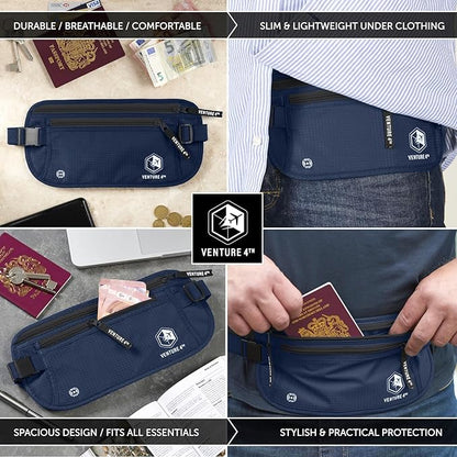 VENTURE 4TH Travel Money Belt - Slim Passport Holder RFID Blocking Travel Pouch to Protect Cash, Credit Cards and Travel Documents (Navy Blue)