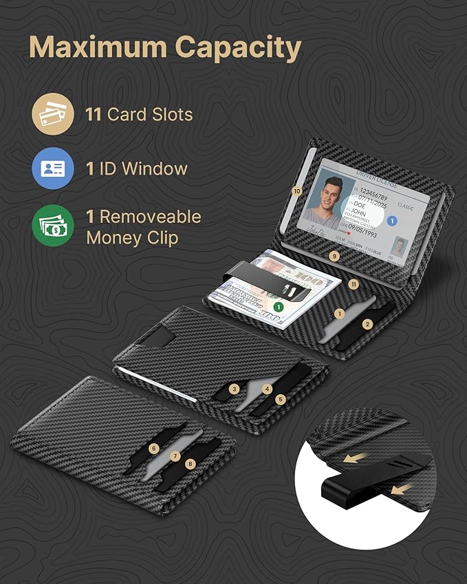 typecase Leather Wallet for Men Card Holder: Premium Genuine Leather, RFID Blocking, Slim, Minimalist, Front Pocket - 15 Cards Capacity | ID Window | Money Clip (Carbon Fiber)