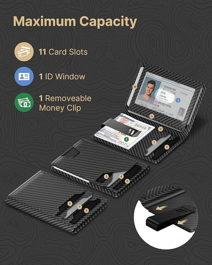 typecase Leather Wallet for Men Card Holder: Premium Genuine Leather, RFID Blocking, Slim, Minimalist, Front Pocket - 15 Cards Capacity | ID Window | Money Clip (Carbon Fiber)