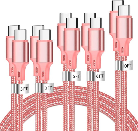 USB C to USB C Charger Cable, 5 Pack [3/3/6/6/10ft] Type C Fast Charging Cord High Data & Transfer Wire Compatible for iPhone 16/15/Pro/Plus/Pro Max iPad Pro Air 5 Samsung Galaxy(Pink)