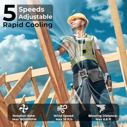 10000mAh Portable Waist Fan Clip On Belt, Max 40H Cooling, 5 Speeds 16000RPM, Rechargeable Hands-free Personal Wearable Neck Fan With Dual Clip & Flashlight for Outdoor Jobsite Camping Traveling