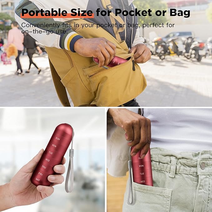 Zannaki Metal Moisture Proof Weekly Pill Organizer, Large Aluminum Alloy BPA Free Travel Hiking 7 Day Pill Box Case Waterproof and Stackable Compartment to Hold Pills, Vitamins, Fish Oil, Supplements