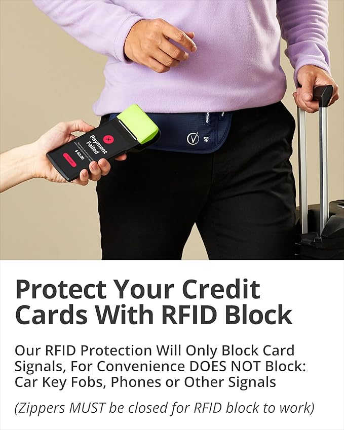 Vantamo Money Belt with RFID For Men & Women, Hidden Passport Holder for Travel, 2 Compartment Travel Fanny Pack for Women Anti Theft