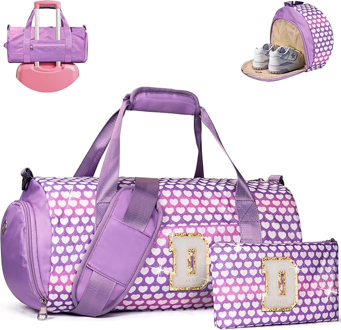 Gifts for 5 Year Old Girl, Girls Travel Duffel Bag, Kids Initial Overnight Bags with Shoe Compartment, Personalized Gym Ballet Dance Bag with Makeup Pouch, Gift for Teenager (Letter D)