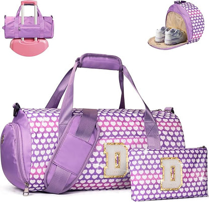 Gifts for 5 Year Old Girl, Girls Travel Duffel Bag, Kids Initial Overnight Bags with Shoe Compartment, Personalized Gym Ballet Dance Bag with Makeup Pouch, Gift for Teenager (Letter D)