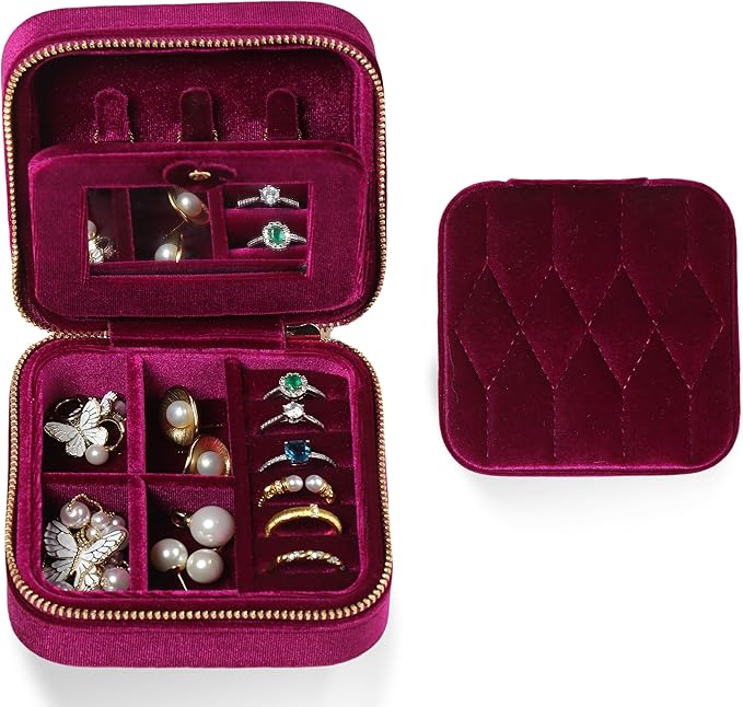Velvet Jewelry Box – Travel Jewelry Case Organizer with Mirror, Adjustable Compartments for Women | Luxury Storage Case & Gift for Her - Rose Purple