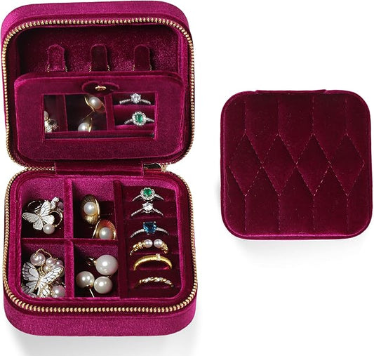 Velvet Jewelry Box – Travel Jewelry Case Organizer with Mirror, Adjustable Compartments for Women | Luxury Storage Case & Gift for Her - Rose Purple