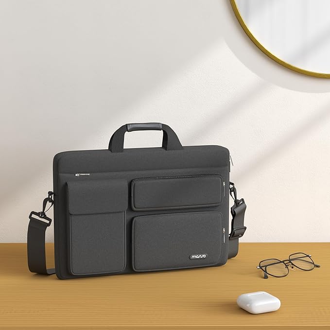 MOSISO Laptop Shoulder Bag 15.6 inch, 15-15.6 inch Computer Bag Compatible with MacBook Pro 16 inch, HP, Dell, Lenovo, Notebook with 2 Raised&1 Flapover&1 Horizontal Pocket&Handle&Belt, Slate Gray