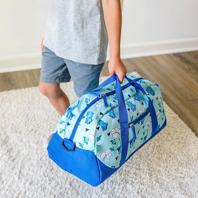 JumpOff Jo by Wildkin Overnighter Duffel Bag – Lightweight Travel Bag for Kids - Blue Dino