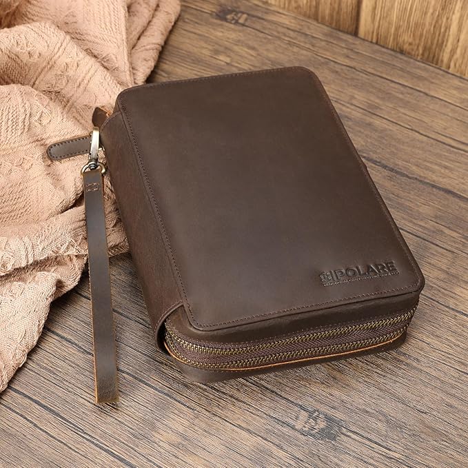 Polare Full Grain Leather Travel Cable Organizer Case Double Layer Electronics Accessories Carry Bag with YKK Zippers Tech Storage Bag for Cables, Power Bank, USB, SD Card