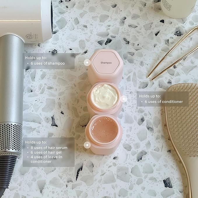 Cadence Travel Containers Haircare Capsule Set - Magnetic Containers with Lids,Carry On Travel Essentials For Women/Men - 3 Flex Mediums (1.32oz) - Shampoo, Conditioner & Comb Icon Labels - Petal