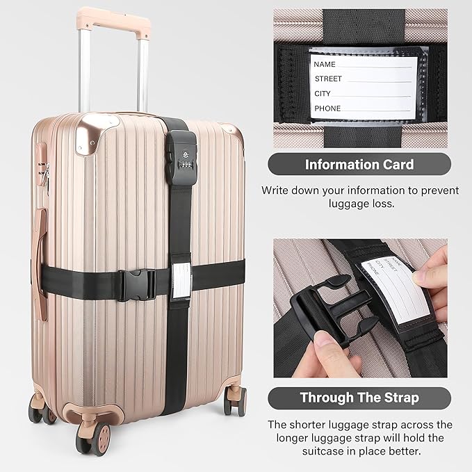 Luggage Straps, TSA Approved Luggage Strap Belt with Combination Lock for Suitcases, 2 Pack Heavy Duty Adjustable Black Cross Suitcase Straps with Name Tags for Travel, Carry On Bags, Protect