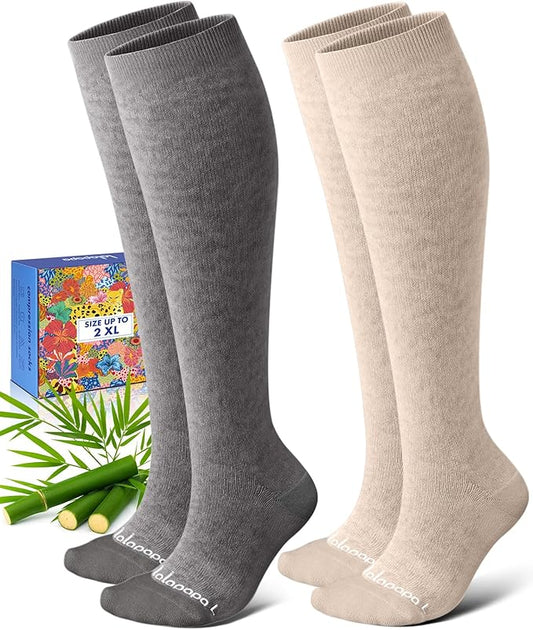 Bamboo Viscose Compression Socks for Women Men 2 Pairs 15-20mmHg Knee High Compression Socks Travel Nurse