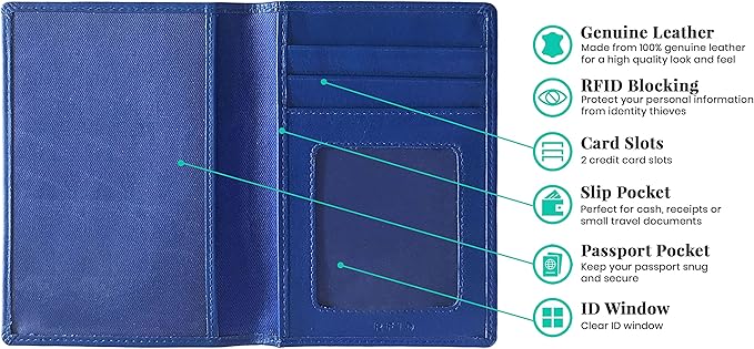 Personalized Monogrammed Cobalt Blue Leather RFID Passport Wallet and Luggage Tag