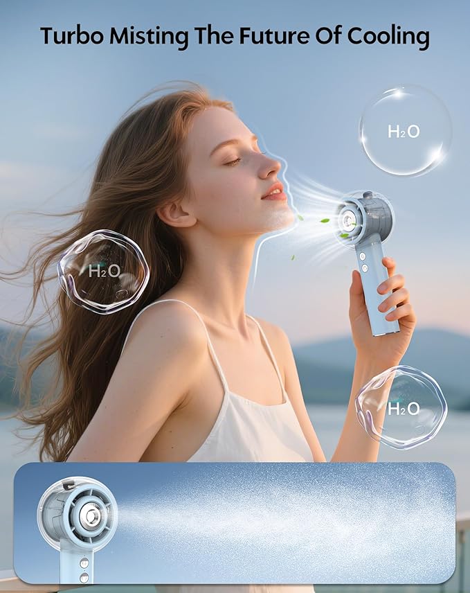 Portable Misting Fan, Handheld Turbo Fan with Mist, 6000mAh Battery Rechargeable Personal Fans Mister 4-Speed, 25ml Water Spray Tank, Gifts for Women Men Home Office Travel Outdoor Camping