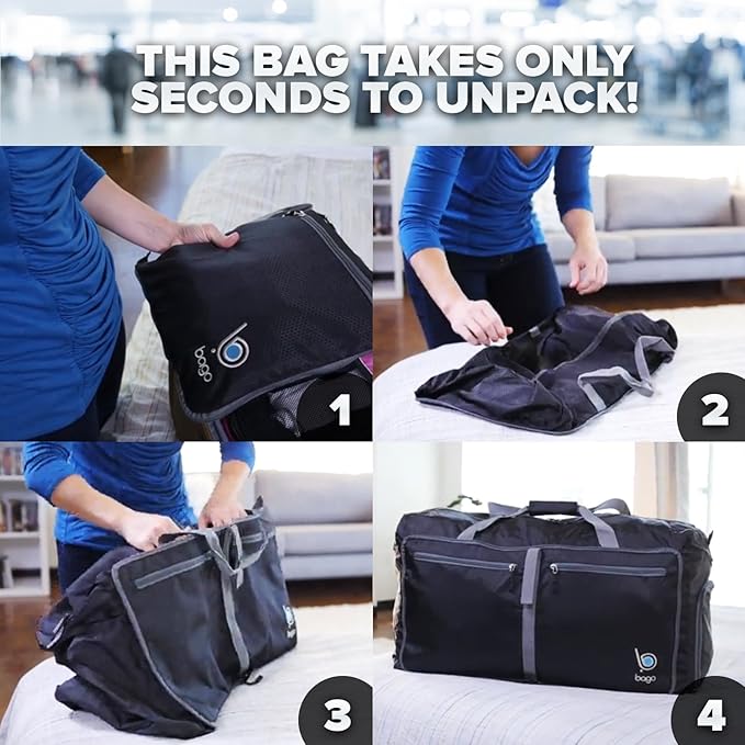 Bago Large Foldable Duffel Bags for Traveling Women & Men - 80L Packable Duffle Bag for Travel with Shoe Compartment - Water Repellant, Heavy Duty, Lightweight Folding & Collapsible (SnowDepPurple)