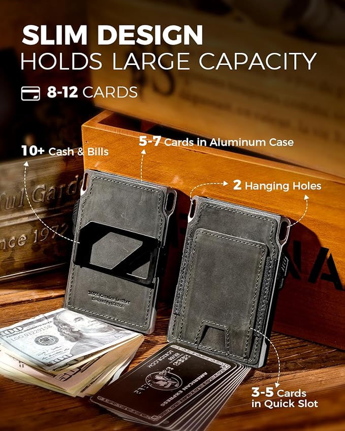 LORZOR Slim Tactical Wallet for Men- Minimalist Full Grain Leather Wallet for 12 Cards, RFID Blocking Aluminum Cardholder, Smart Pop Up Card Case, Front Pocket, Money Clip, Gift for Men(ArmyGreen)