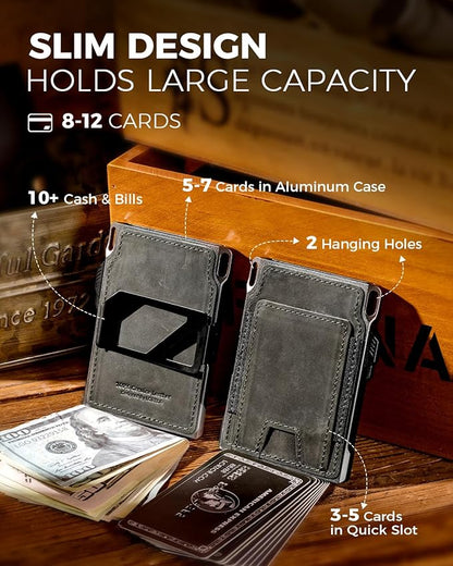 LORZOR Slim Tactical Wallet for Men- Minimalist Full Grain Leather Wallet for 12 Cards, RFID Blocking Aluminum Cardholder, Smart Pop Up Card Case, Front Pocket, Money Clip, Gift for Men(ArmyGreen)