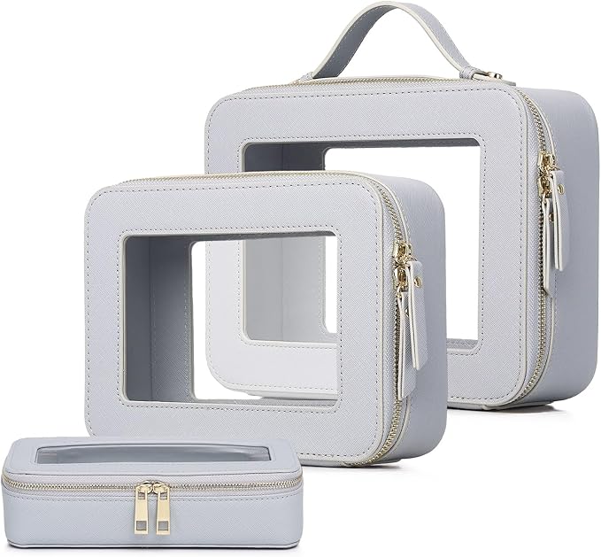 Pinkmik Clear Makeup Bag with Brush Bag 3pcs Waterproof Travel Case for Cosmetics and Toiletries Women's Makeup Organizer with Zipper (Gray, L+M+SLIM)