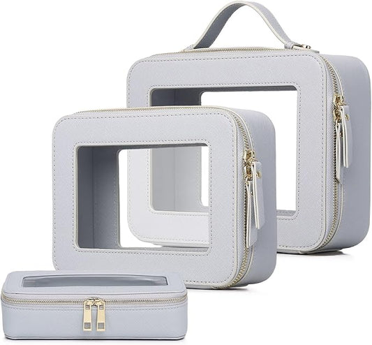 Pinkmik Clear Makeup Bag with Brush Bag 3pcs Waterproof Travel Case for Cosmetics and Toiletries Women's Makeup Organizer with Zipper (Gray, L+M+SLIM)