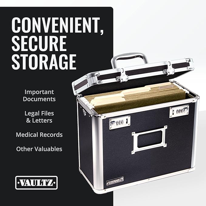 Vaultz File Organizer Storage Box - 14 x 7 x 12.19 Inch Letter Size, Portable Locking Storage Totes with Dual Combination Locks for Filing Office Documents - Black