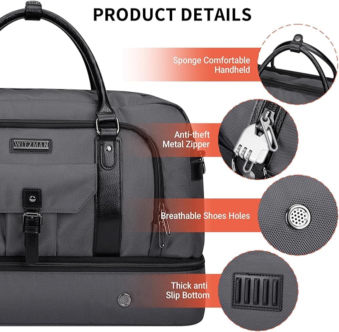 WITZMAN Weekender Bags for Men Women Carry On Duffle Overnight Bag with Toiletry Bag Sets Travel Duffel Bag Shoes Compartment （B694 Silvery Grey）