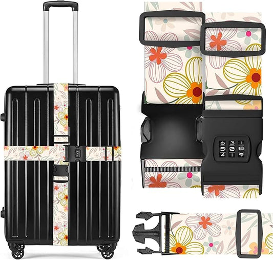 2 Pack Luggage Straps, Adjustable Cute Printing with Combination Lock Luggage Straps for Women Men Travel School Business Trips-Flowers