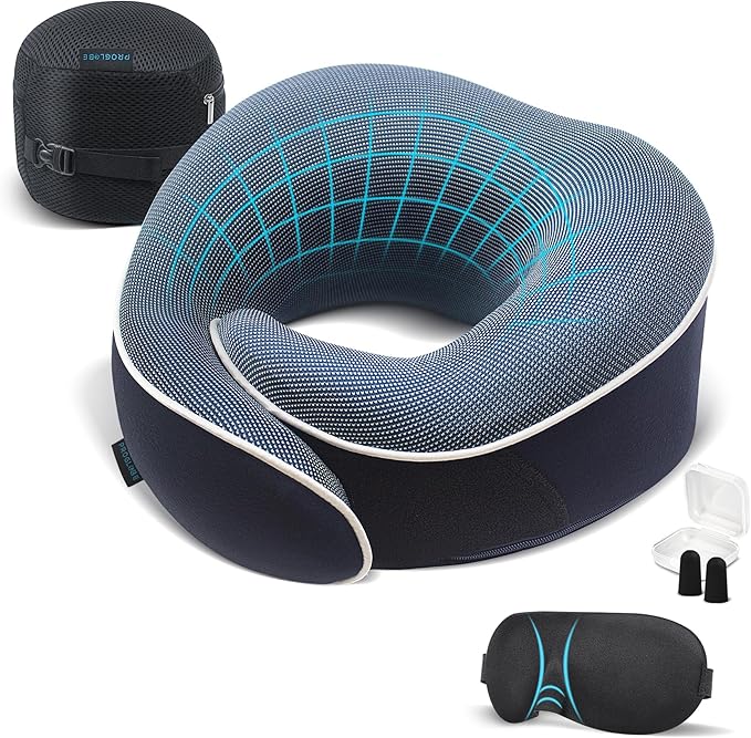 Proglobe Orthopedic Neck Pillow Travel Neck Pillows for Airplanes, Memory Foam Kit, Updated Resting Material, Airplane Travel Set with 3D Contoured Eye Masks, Earplugs, and Luxury Mesh Bag (Blue)