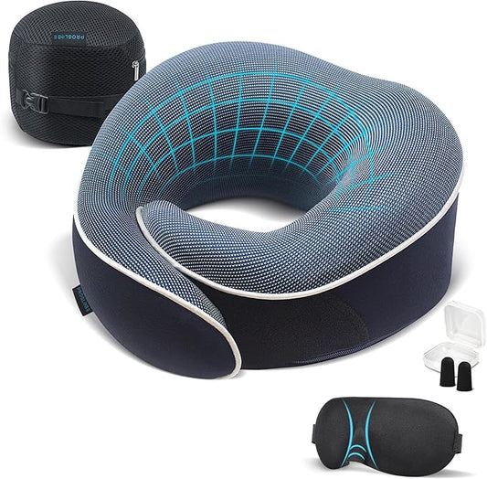 Proglobe Orthopedic Neck Pillow Travel Neck Pillows for Airplanes, Memory Foam Kit, Updated Resting Material, Airplane Travel Set with 3D Contoured Eye Masks, Earplugs, and Luxury Mesh Bag (Blue)