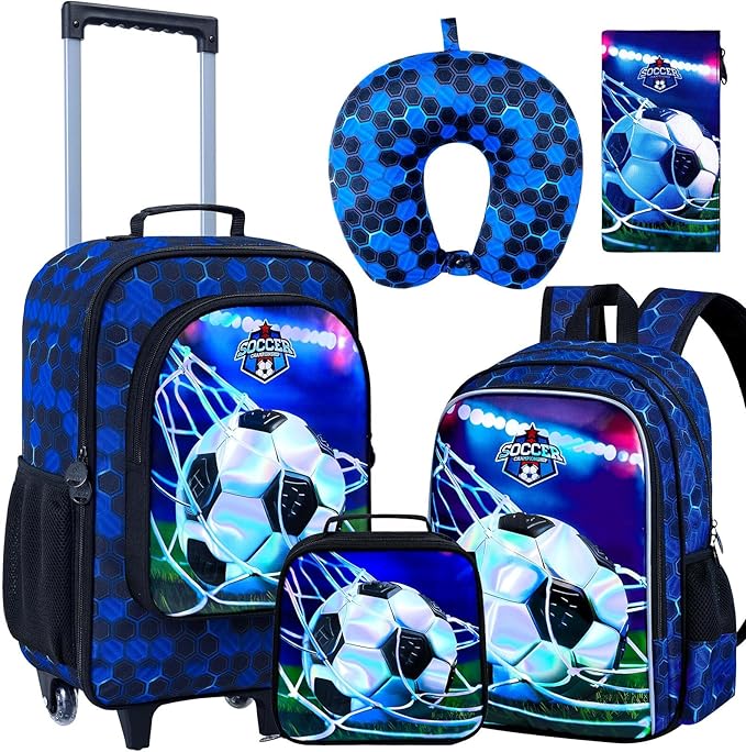 AGSDON 5 Piece Kids Luggage Set for Boys, Cute Rolling Wheels Suitcase for Toddler, Children Travel Carry on Suitcase - Football