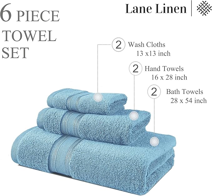 LANE LINEN Luxury Bath Towel Set - 6 Piece Set, 100% Cotton Bathroom Towel, Zero Twist, Quick Dry Shower Towels, Extra Soft Absorbent, 2 Bath, 2 Hand, 2 Wash Cloths - Blue