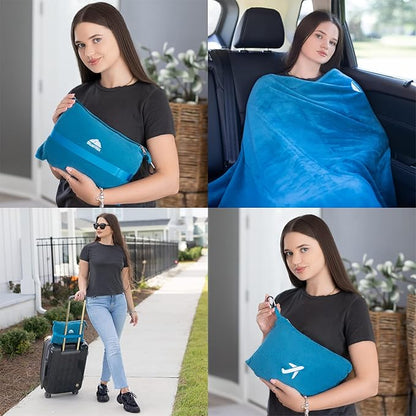 BlueHills Travel Blanket Pillow in Mini Soft Case Premium Plush Airplane Blanket in Soft Bag Compact Pack with Luggage Belt and Backpack Clip Airline Car 2 in 1 Traveler Essentials - Teal Blue M03