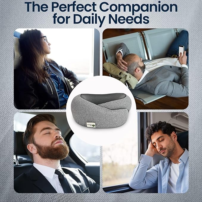 Travel Neck Pillow 100% Memory Foam, Ergonomic 360° Support Pillow for Flights, Car, Office & Train, Breathable Travel Essentials for Adults & Kids, Neck Pain Relief, (GREY)