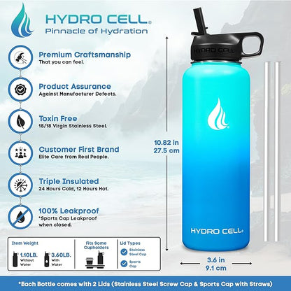 HYDRO CELL Stainless Steel Insulated Water Bottle with Straw - For Cold & Hot Drinks - Metal Vacuum Flask with Screw Cap and Modern Leakproof Sport Thermos for Adults (Teal/Blue 40oz)