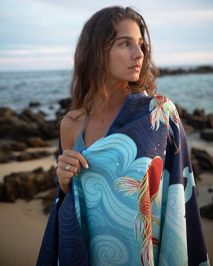 Quick Dry Towel Extra Large 78x35 Inch - Microfiber Beach Towel - Perfect for Beach, Travel, Swimming, Pool, Yoga, Hiking, Camping - Lightweight, Fast Drying, Compact for Adults (Koi Fish)