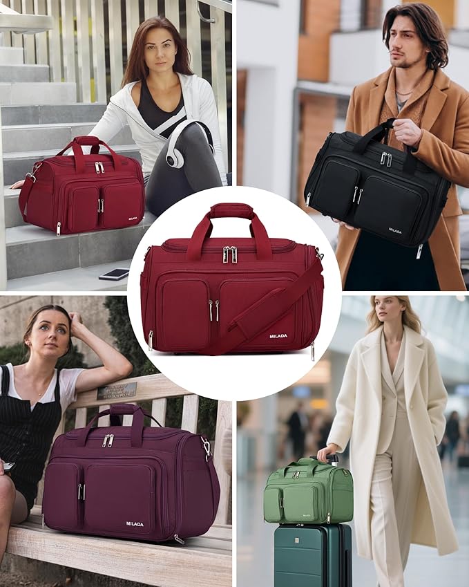 MILADA Underseat Carry On Luggage Bags for Travel Lightweight Foldable Carry On Bags for Airplanes Small Duffle Bag for Men Women Personal Weekend Overnight Travel Tote Bags, Burgundy