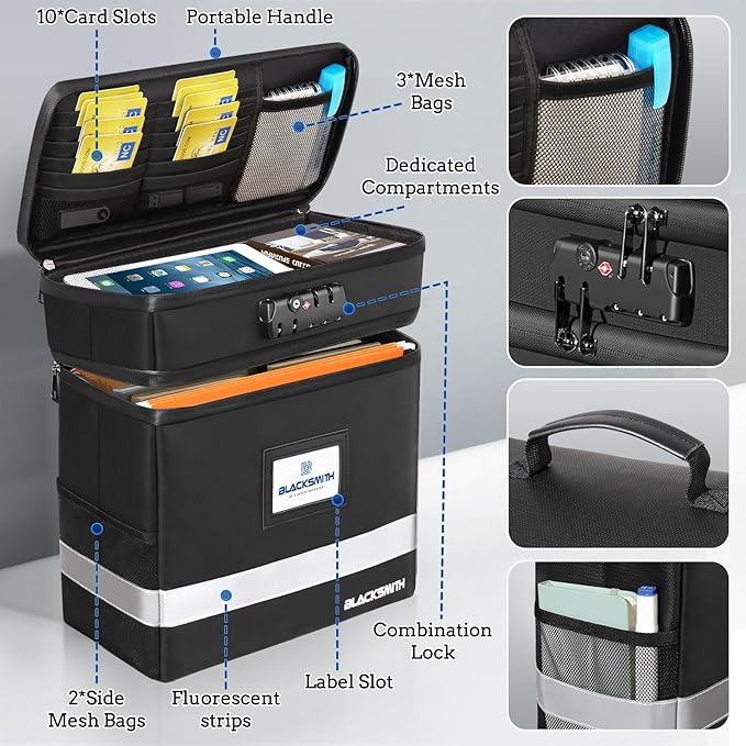 BlackSmith Fireproof Document Box With Lock, 4200°F Heat Resistant & IPX3 Waterproof 2 Layer Document Bag with Hanging File Organizer for Letter Size, Portable File Safe Box for Office, Travel