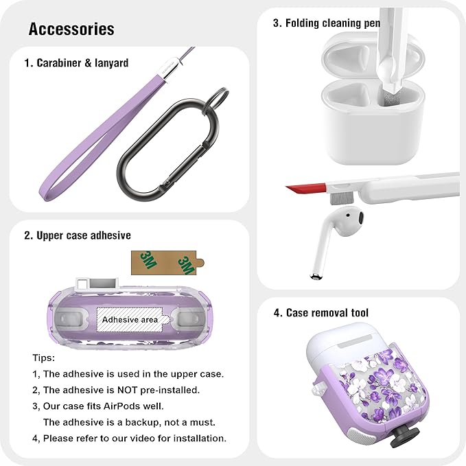 WENEW Case for AirPods 1 & 2 Case Cover Secure Lock Automatic Snap Switch Clip Cleaner Kit Lanyard Women Stylish Flower Hard Shell Full Body (Purple, AirPods 1st & 2nd)