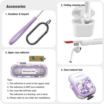 WENEW Case for AirPods 1 & 2 Case Cover Secure Lock Automatic Snap Switch Clip Cleaner Kit Lanyard Women Stylish Flower Hard Shell Full Body (Purple, AirPods 1st & 2nd)