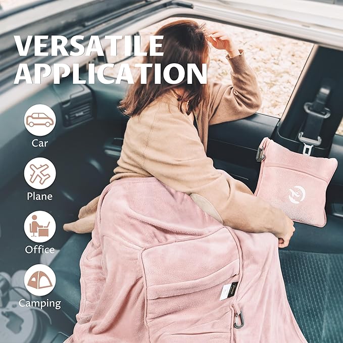 Tirrinia Travel Blanket Airplane Compact with Bag - Cozy Travel Pillow Blanket for Long Flight, Airplane Travel Essentials, Packable and Lightweight Travel Blanket and Pillow Set for Kids & Adults,