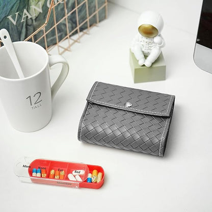 Pill Organizer,LIZIMANDU Weekly Travel Pill Case Box Medication Reminder Daily AM PM, Day Night 7 Compartments,for 4 Times A Day, 7 Days a Week-Includes Leather PU Carrying Case (1-Weave Grey)