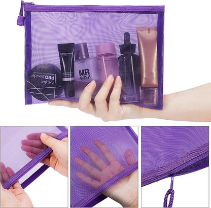 12 Pieces Zipper Nylon Mesh Pouch, Mesh Cosmetic Bags Makeup Bags Pencil Case, Multipurpose Travel Bags for Cosmetic School Office Supplies and Travel Accessories (Purple, A5)