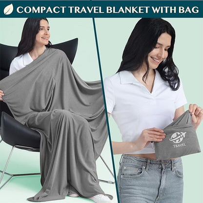 PAVILIA Soft Travel Blanket, Compact Airplane Blanket in Bag, Portable Blanket Pillow Set, Lightweight and Packable Plane Flight Car Trips Travel Home Office Gift Accessories, Gray, 65x40 inches
