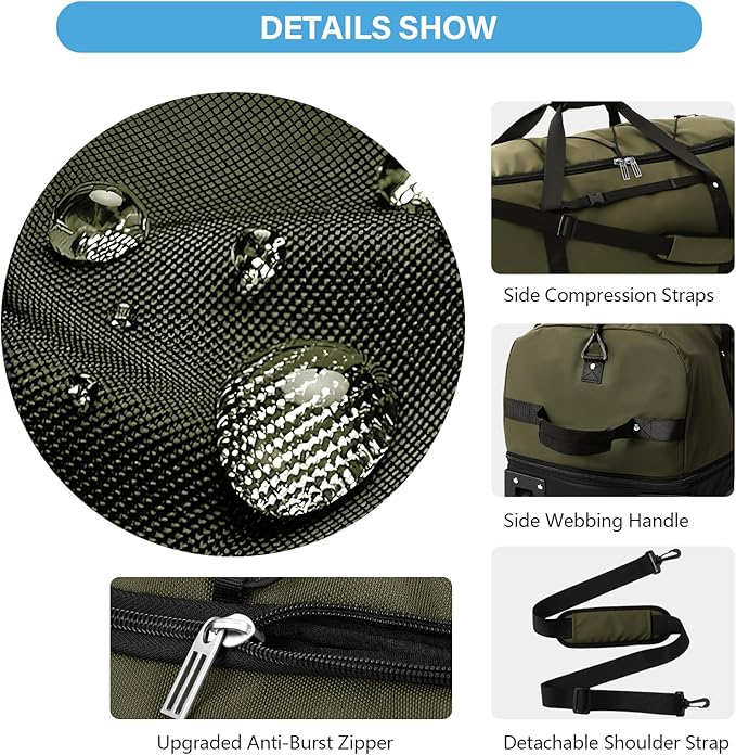 Vomgomfom Wheeled Collapsible Duffel Bag,110L-140L Expandable Checked Luggage, No-Telescopic-Handle with Anti-Burst Zipper & Reinforced Frame,Army Green