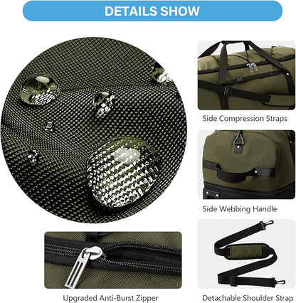 Vomgomfom Wheeled Collapsible Duffel Bag,110L-140L Expandable Checked Luggage, No-Telescopic-Handle with Anti-Burst Zipper & Reinforced Frame,Army Green