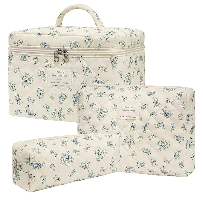 Makeup Bag,Quilted Cosmetic Bags,Large Floral Make Up Organize bag,Makeup Bag Set for Women,Flower Travel Toiletry Bag