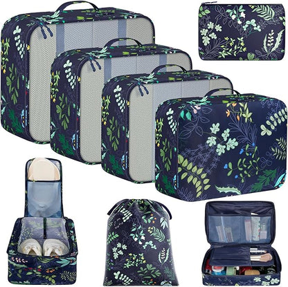 BAGAIL 8 Set Packing Cubes Luggage Packing Organizer Bags for Travel Accessories-Navy Leaf
