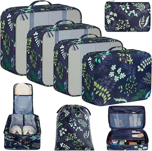 BAGAIL 8 Set Packing Cubes Luggage Packing Organizer Bags for Travel Accessories-Navy Leaf