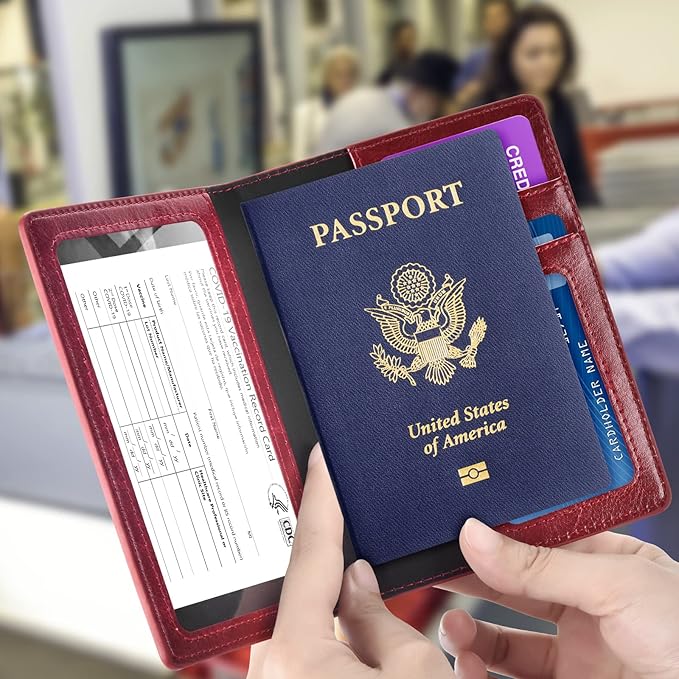 Real Leather Wallet RFID Family Passport Holder Waterproof Travel Black (Red)