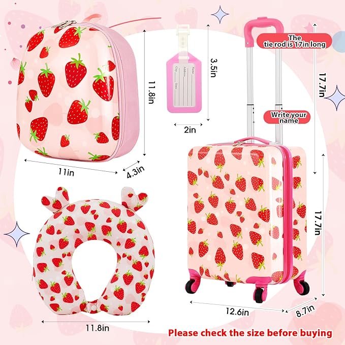 Sanwuta 4 Pcs Kids Luggage Set Backpack Travel Rolling Suitcase U-shape Pillow Christmas Children Gift for Girls Boys(17 Inch,Strawberry Style,Light Pink)